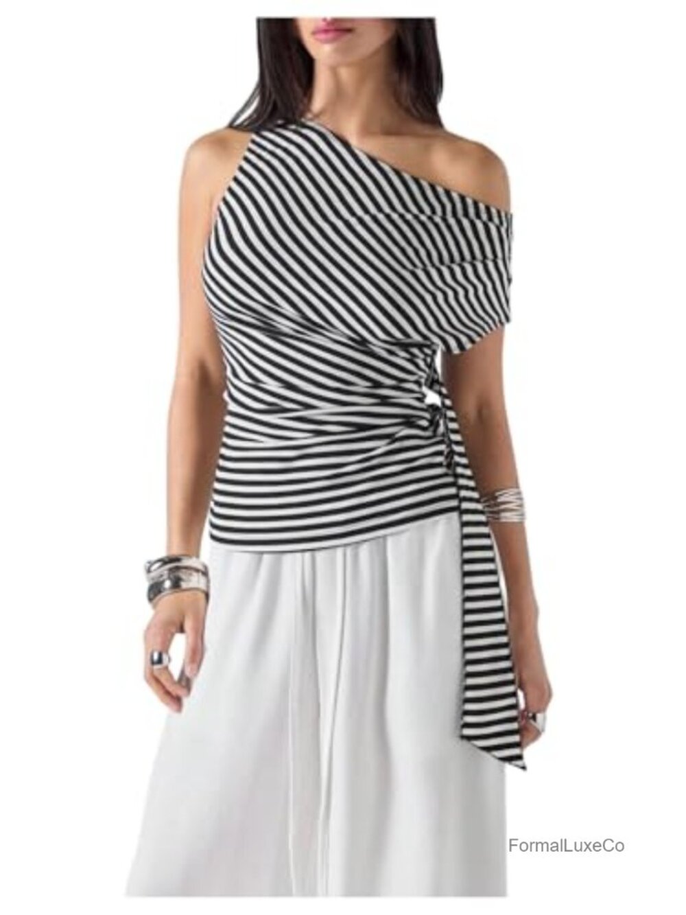 Women's One Shoulder Ribbed Knit Top with Stripes, Ruched Sides, Short Sleeve,